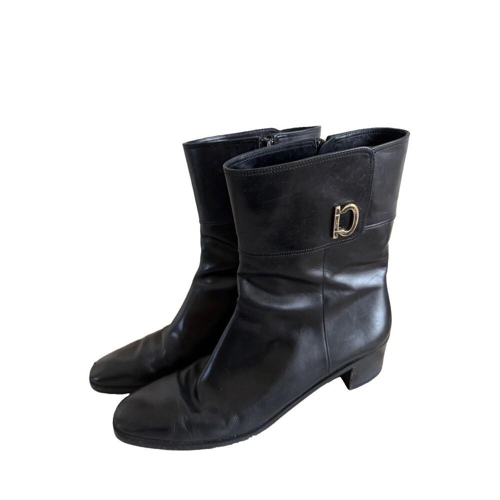 Salvatore Ferragamo Black Leather Boots Gancini Gold Logo 8.5 M